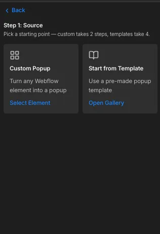 Step 1 of the builder: choose a custom popup or start from a template.