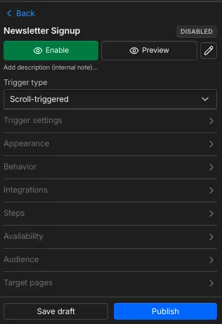 The popup editor with trigger, appearance, behaviour, targeting and scheduling controls.