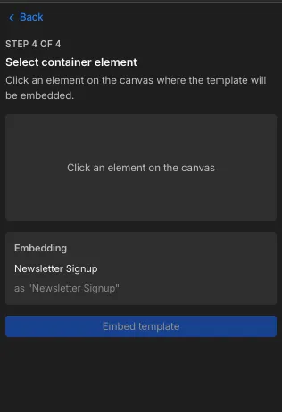 Selecting a container element directly on the Webflow canvas to embed the popup.