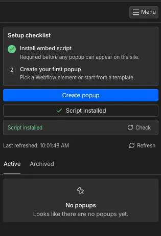 The setup checklist showing the embed script installed and ready.