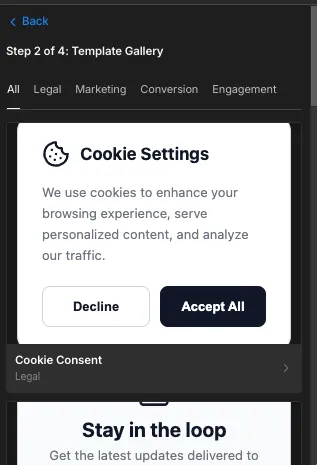The template gallery with category tabs and ready-made popups including a cookie-consent template.