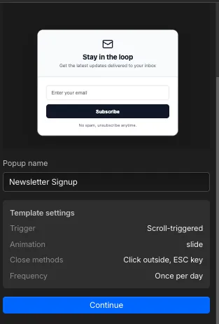 A newsletter template preview with quick settings for trigger, animation, close methods and frequency.